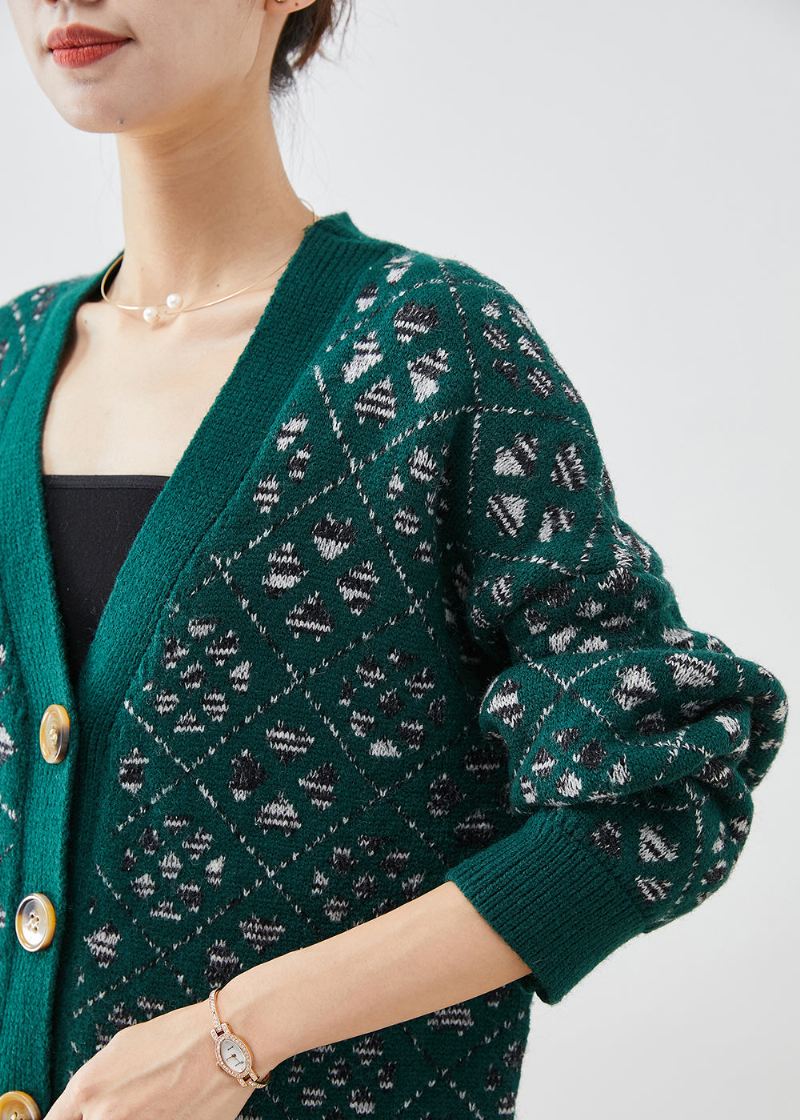 Diy Blackish Green Print Button Warm Knit Loose Coat Fall - Cardigans for kvinner