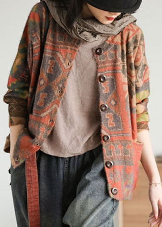 Diy Khaki Loose Knit Print Button Lommer Fall Genser Cardigans