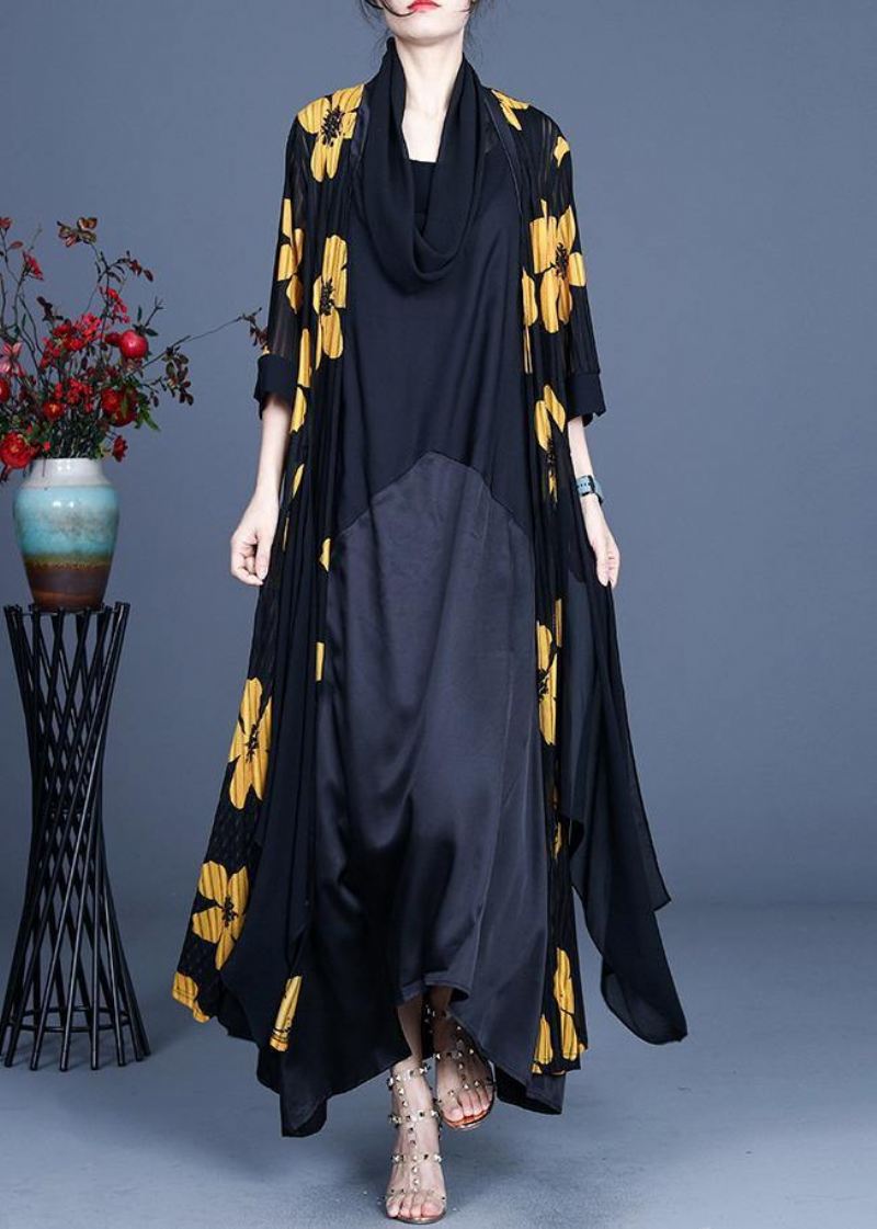 Diy Yellow Floral Summer Three Quarter Sleeve Silk Long Loose Jacket - Rød