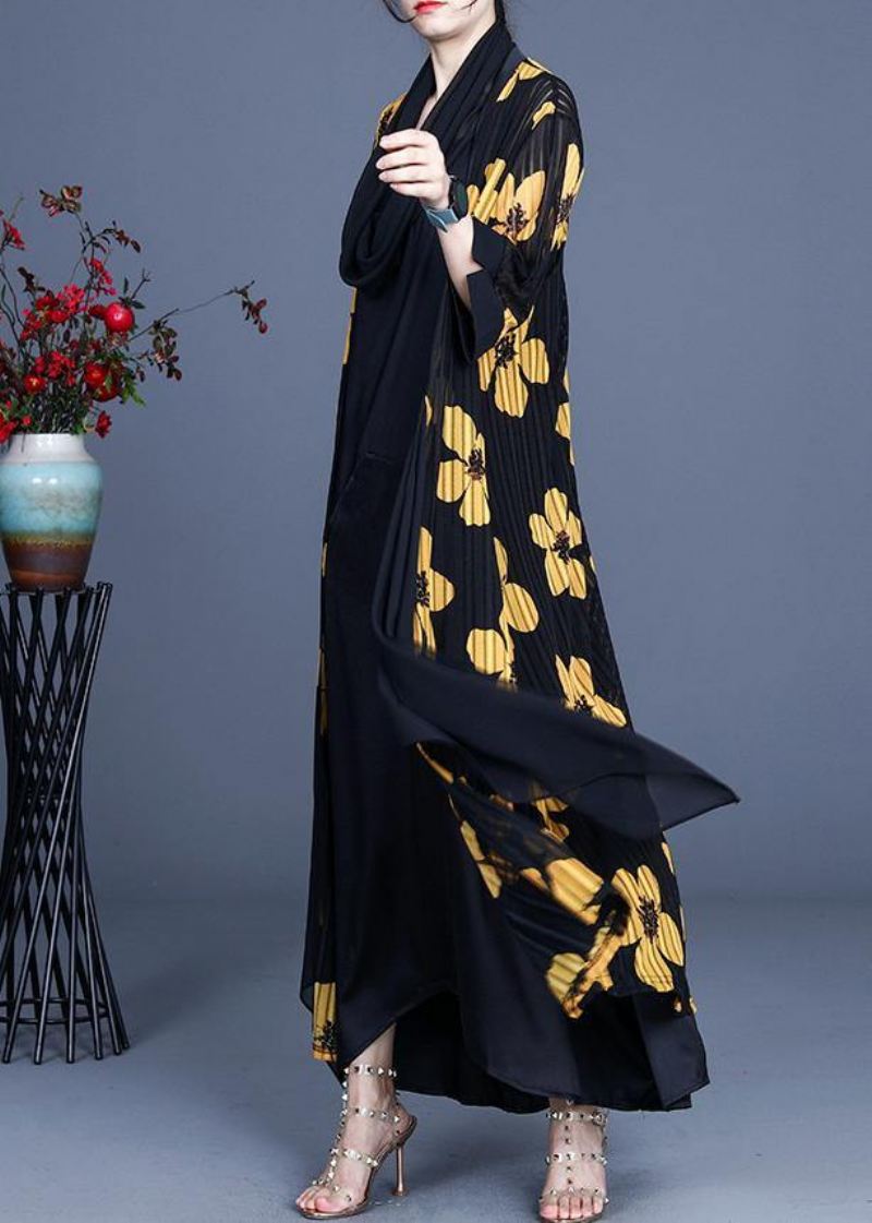 Diy Yellow Floral Summer Three Quarter Sleeve Silk Long Loose Jacket - Rød