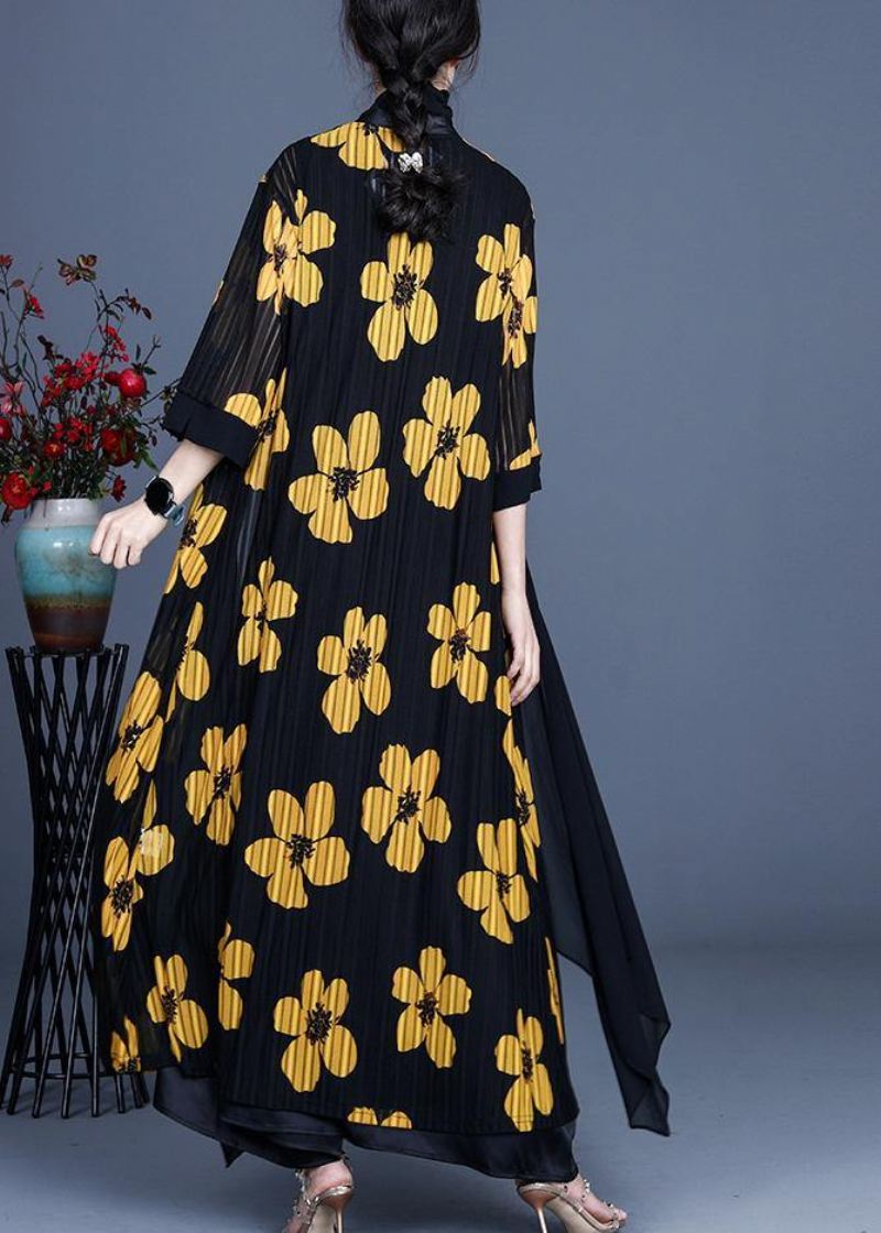 Diy Yellow Floral Summer Three Quarter Sleeve Silk Long Loose Jacket - Rød