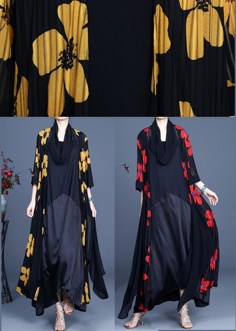 Diy Yellow Floral Summer Three Quarter Sleeve Silk Long Loose Jacket - Rød