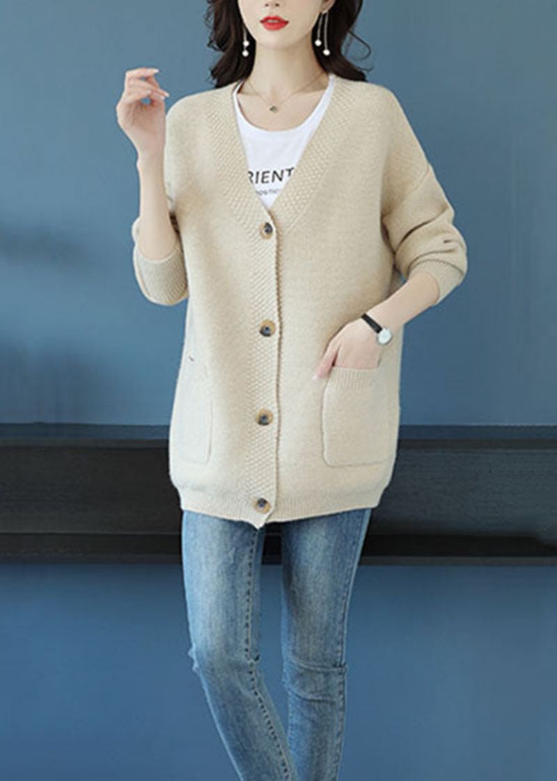 Elegant Beige V-halslommer Patchwork Cashmere Løs Frakk Fall - Cardigans for kvinner