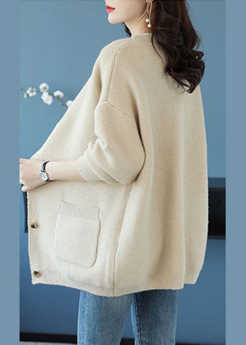 Elegant Beige V-halslommer Patchwork Cashmere Løs Frakk Fall - Cardigans for kvinner