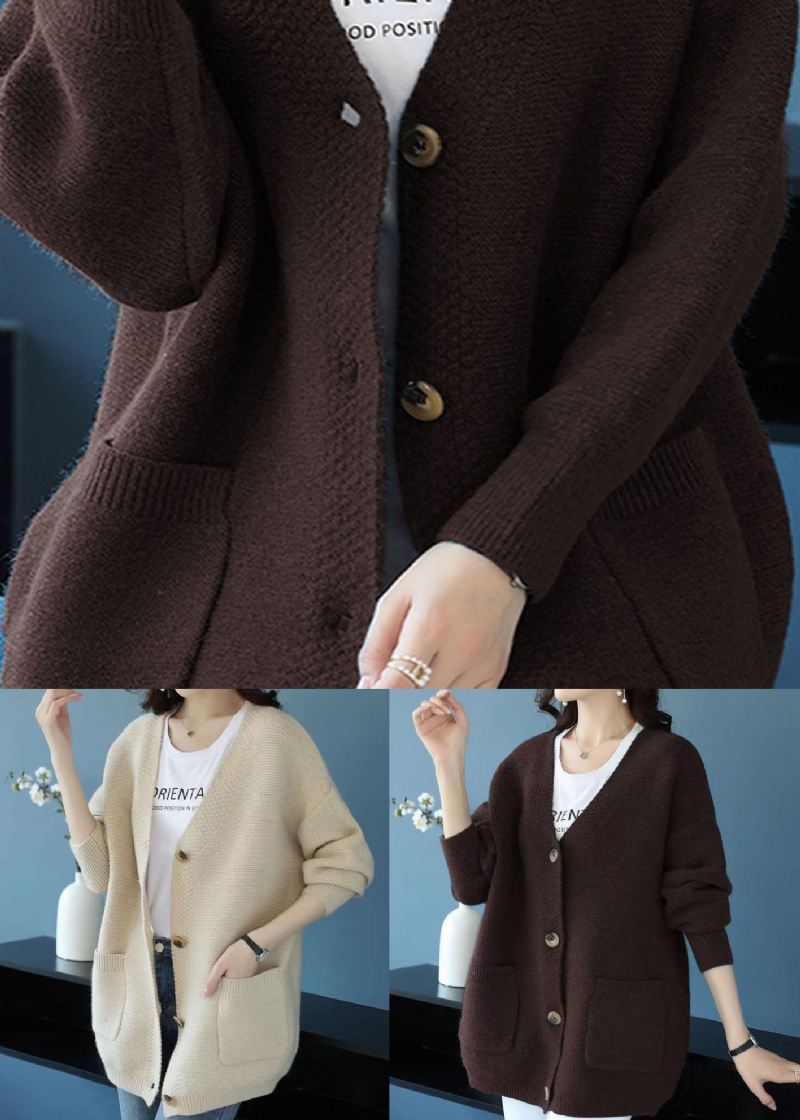 Elegant Beige V-halslommer Patchwork Cashmere Løs Frakk Fall - Cardigans for kvinner