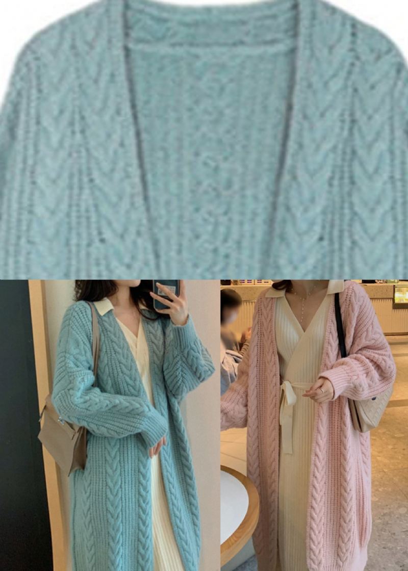 Elegant Blå V-hals Koselig Lang Strikket Cardigan Vår - Blå