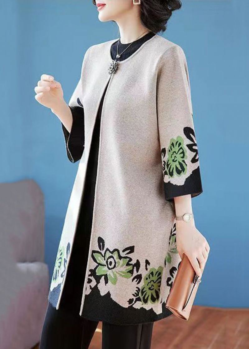 Elegant Camel O Neck Print Patchwork Strikkede Cardigans Høst - Cardigans for kvinner