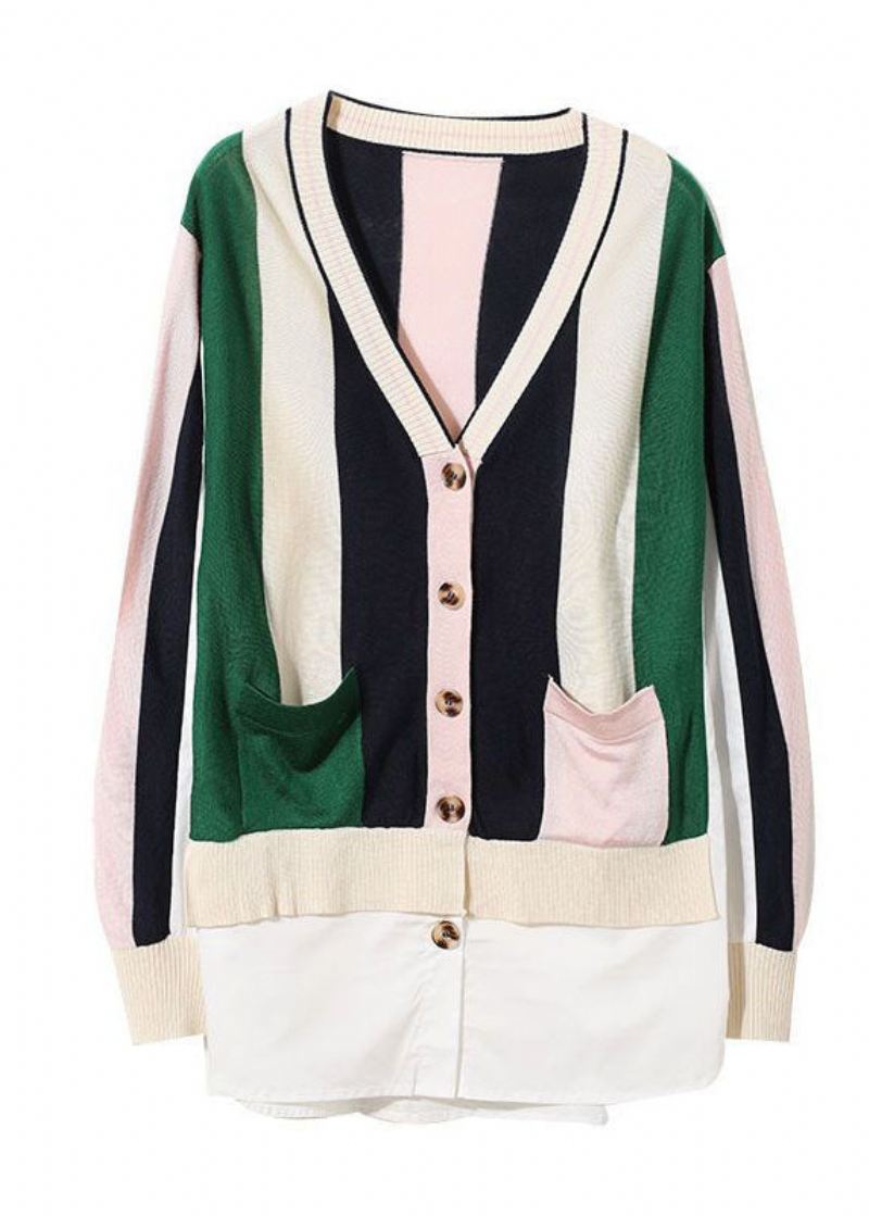 Elegant Colorblock V-hals Patchwork Stripete Strikkede Cardigans Vår - Cardigans for kvinner