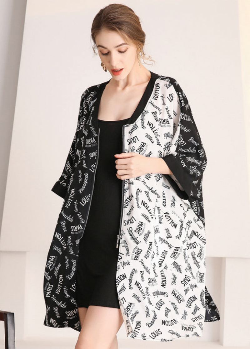 Elegant Colorblock Zip Up Oversized Letter Print Chiffon Cardigans Sommer