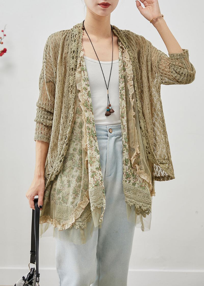 Elegant Grønt Volanger Lappeteppe Hollow Out Blonde Cardigans Fall