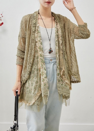 Elegant Grønt Volanger Lappeteppe Hollow Out Blonde Cardigans Fall