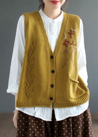 Elegant Gul V-hals Knapp Patchwork Bomullstrikket Vest Ermeløs