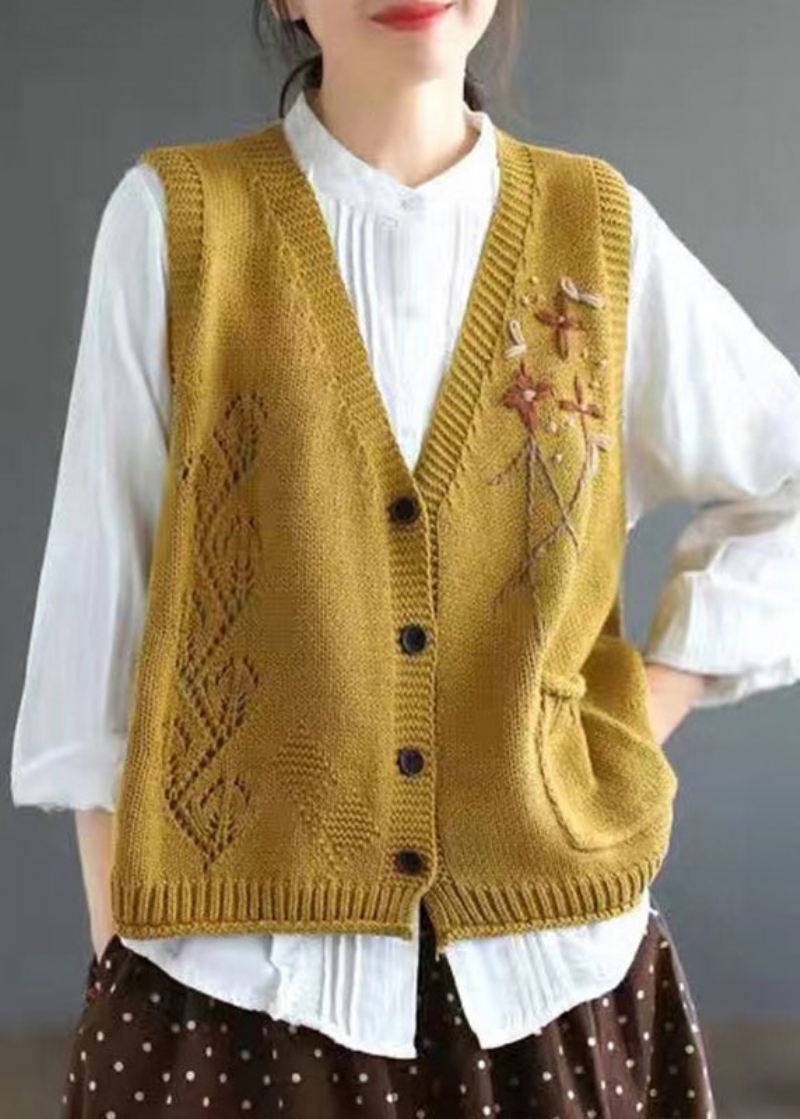 Elegant Gul V-hals Knapp Patchwork Bomullstrikket Vest Ermeløs - Cardigans for kvinner