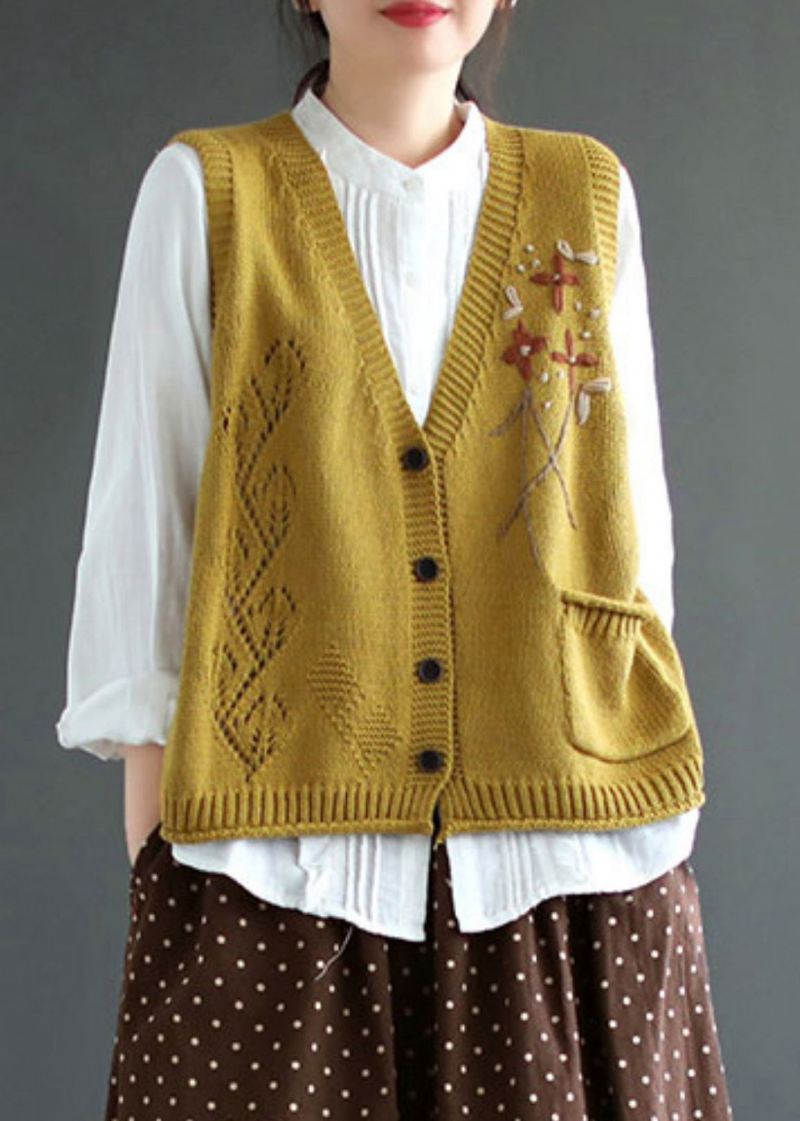 Elegant Gul V-hals Knapp Patchwork Bomullstrikket Vest Ermeløs - Cardigans for kvinner