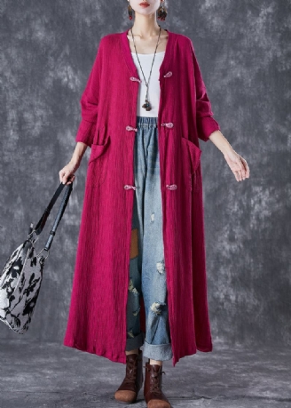 Elegant Rose Kinesisk Knapp Rynket Lin Lang Cardigan Fall