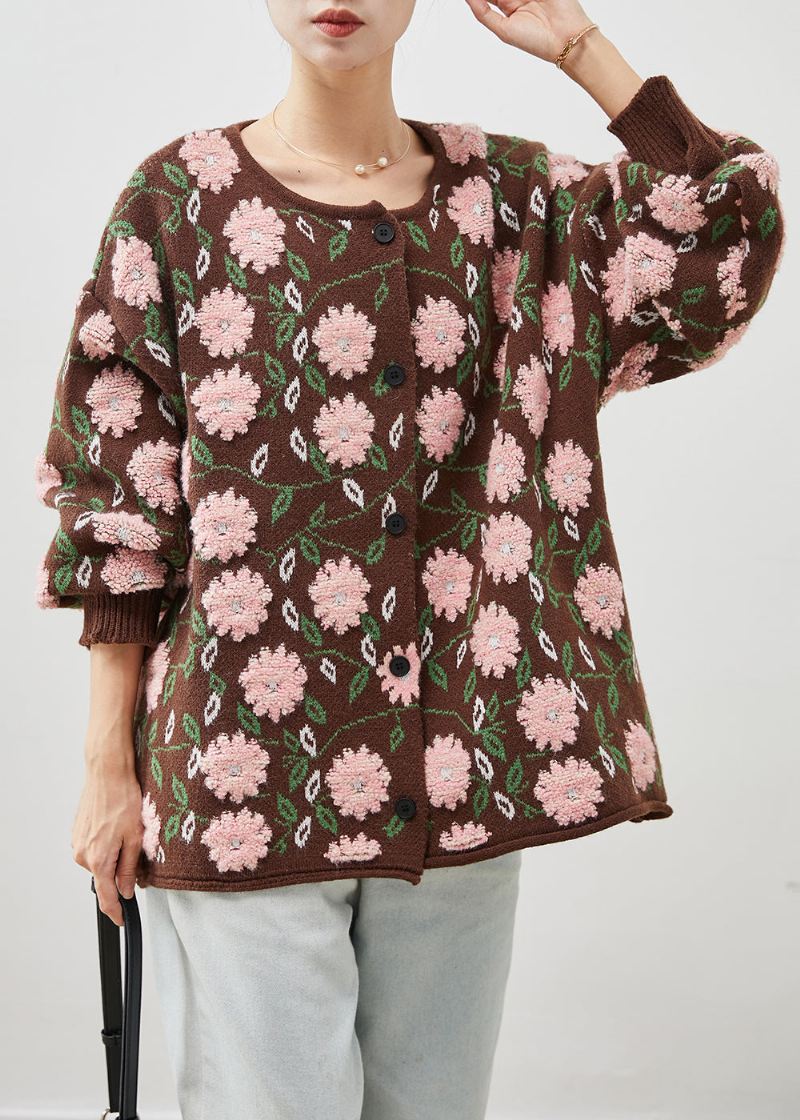 Enkel Kaffe Oversized Floral Jacquard Knit Cardigan Winter - Cardigans for kvinner