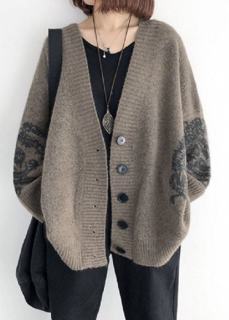 Enkel Khaki V Neck Print Strikk Løs Cardigan Spring