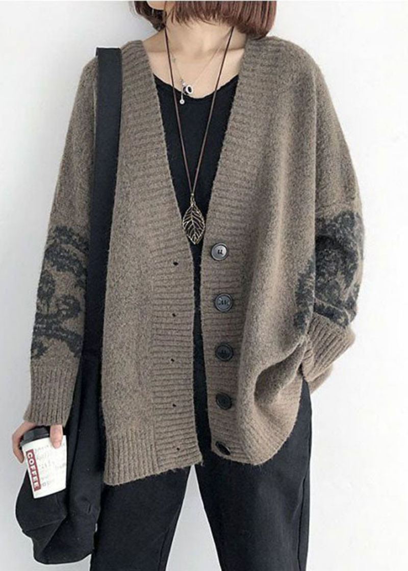 Enkel Khaki V Neck Print Strikk Løs Cardigan Spring - Cardigans for kvinner