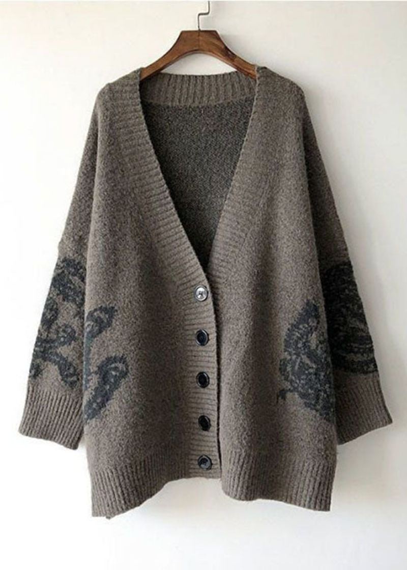 Enkel Khaki V Neck Print Strikk Løs Cardigan Spring - Cardigans for kvinner