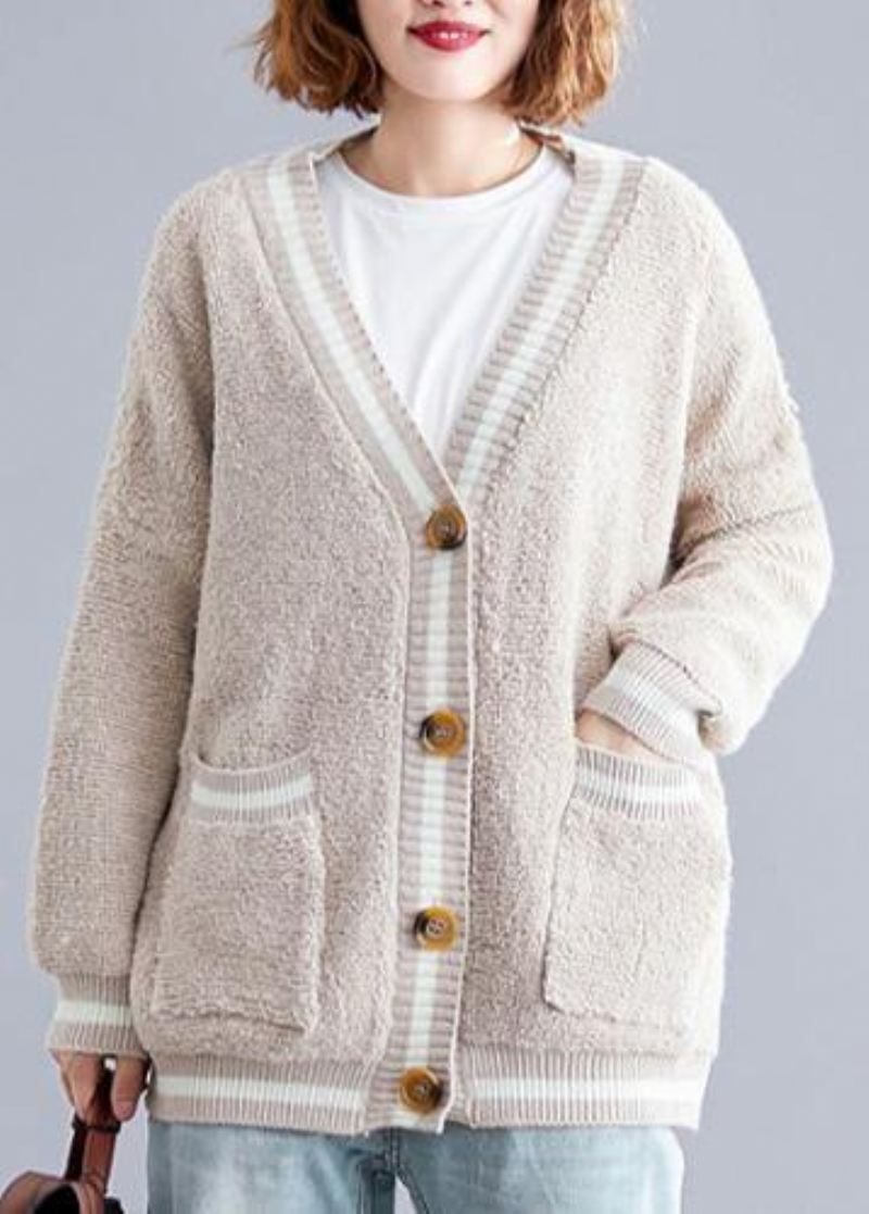 Estetisk V-hals Beige Strikket Yttertøy Oversized Høst