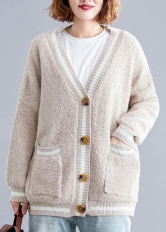 Estetisk V-hals Beige Strikket Yttertøy Oversized Høst