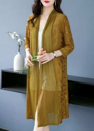 Fashion Yellow Print Patchwork Maxi Ice Size Chiffon Cardigans Langermet