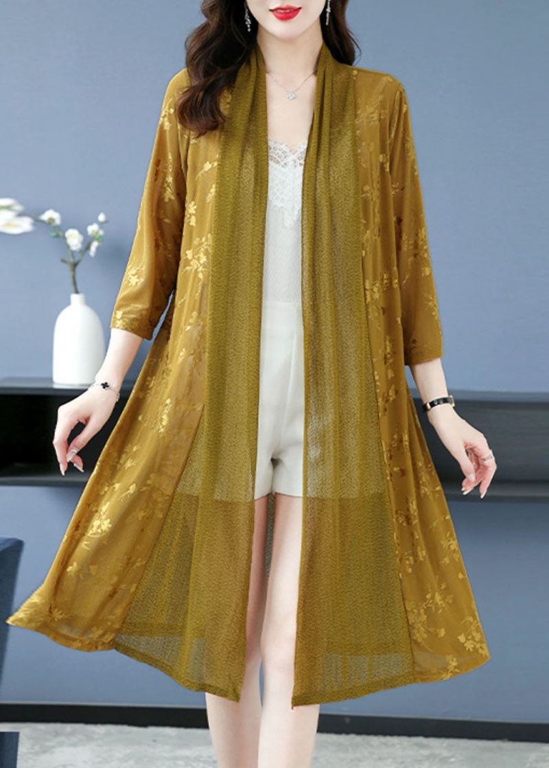 Fashion Yellow Print Patchwork Maxi Ice Size Chiffon Cardigans Langermet - Cardigans for kvinner