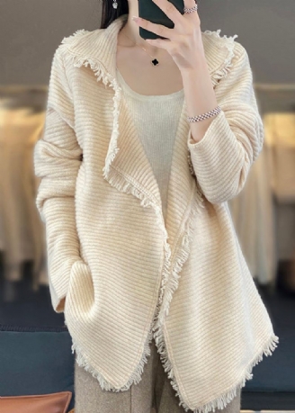 Fransk Beige Dusk Patchwork Koselig Ull Cardigan Høst