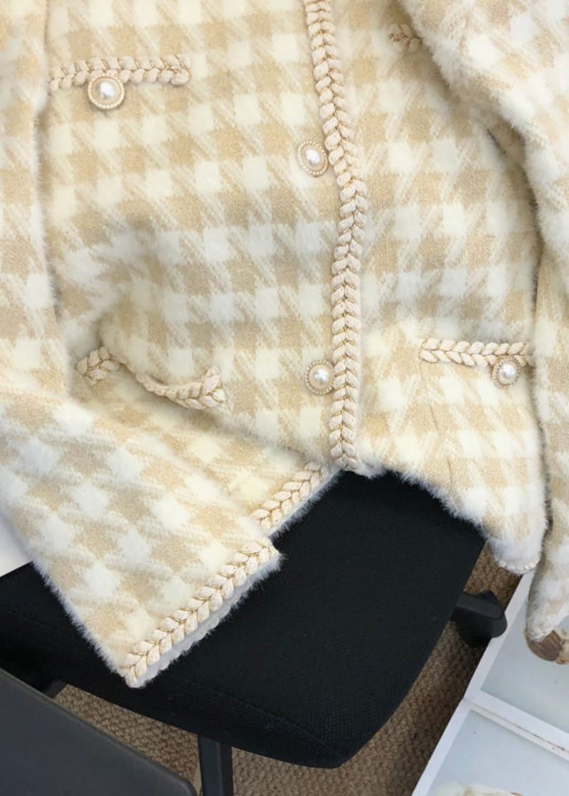 Fransk Beige Rutete Knapplommer Mink Hår Strikket Frakk Høst - Cardigans for kvinner