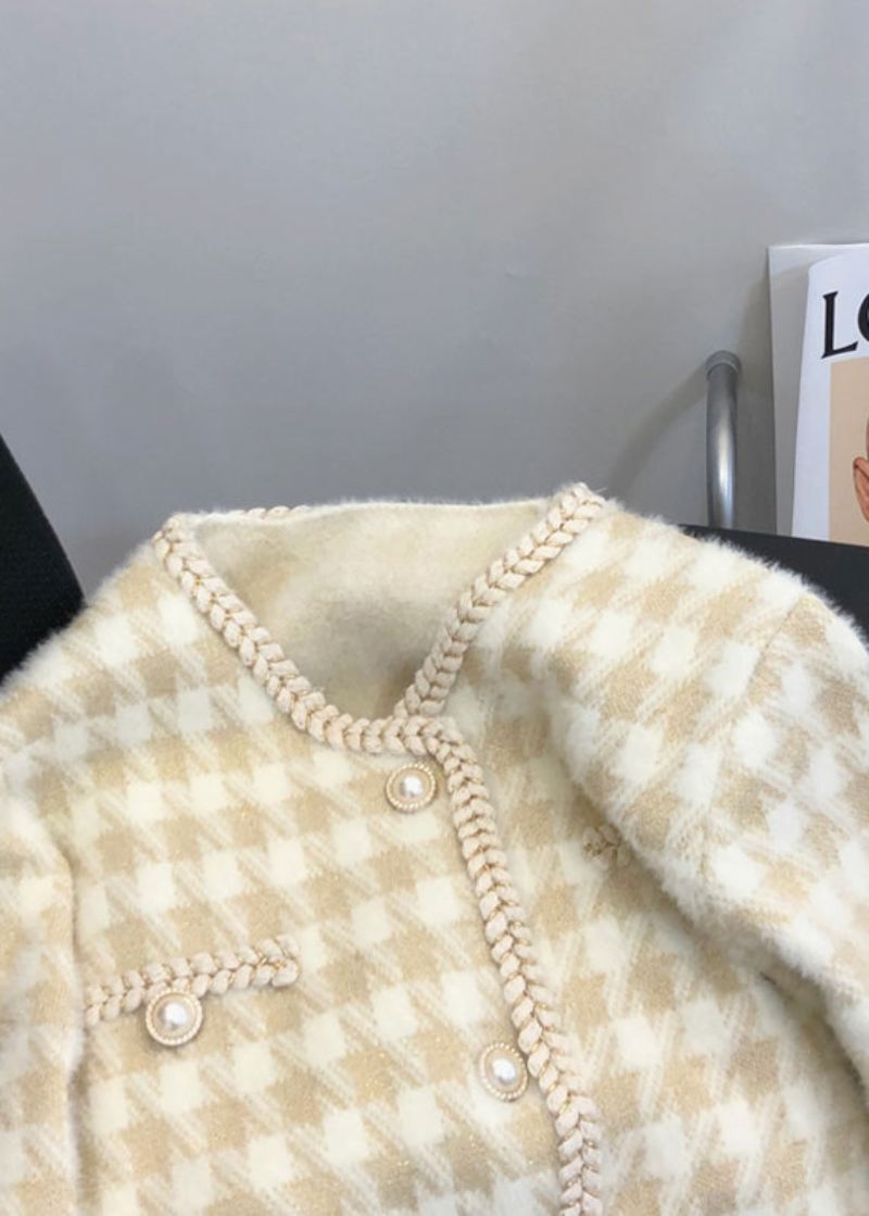 Fransk Beige Rutete Knapplommer Mink Hår Strikket Frakk Høst - Cardigans for kvinner