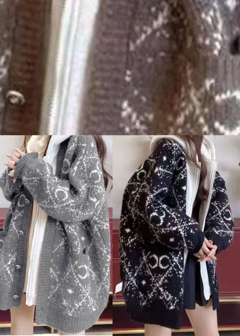 Fransk Grå Zip-up Jacquard Vinterstrikkjakke - Grå