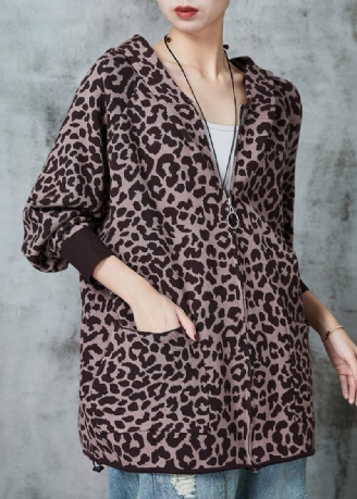 Fransk Khaki Oversized Leopard Print Strikket Cardigan Spring