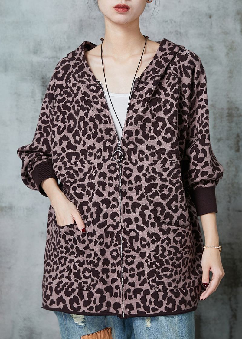 Fransk Khaki Oversized Leopard Print Strikket Cardigan Spring - Cardigans for kvinner