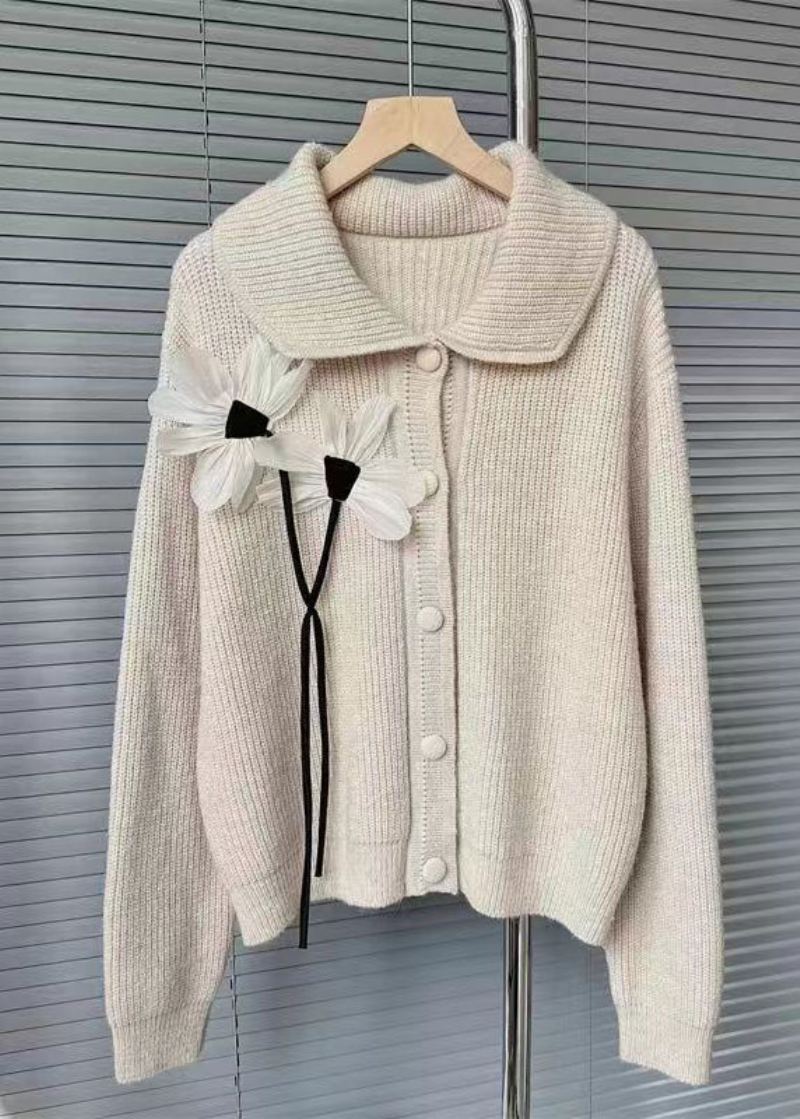 Fransk Lys Khaki Blomsterknapp Patchwork Strikke Cardigans Høst