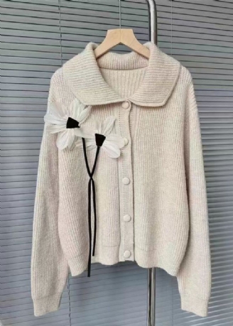 Fransk Lys Khaki Blomsterknapp Patchwork Strikke Cardigans Høst