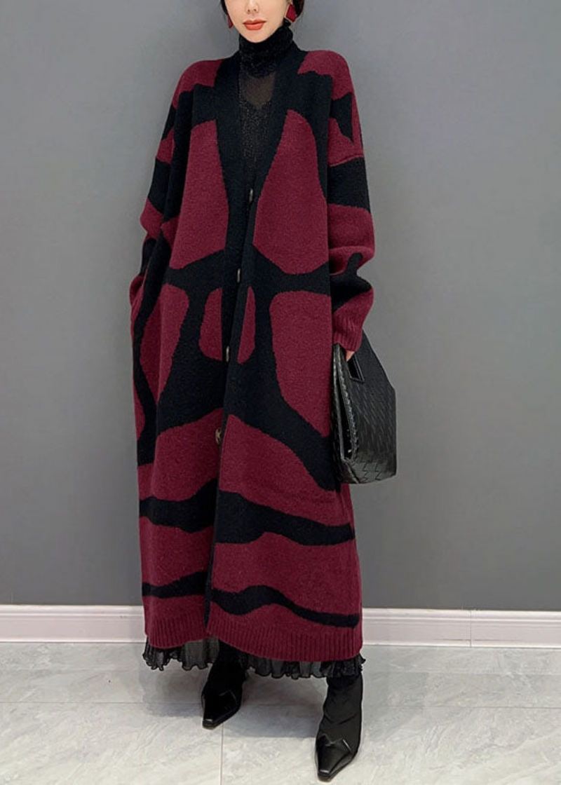 Fransk Rød Oversized Print Strikk Lang Cardigan Winter