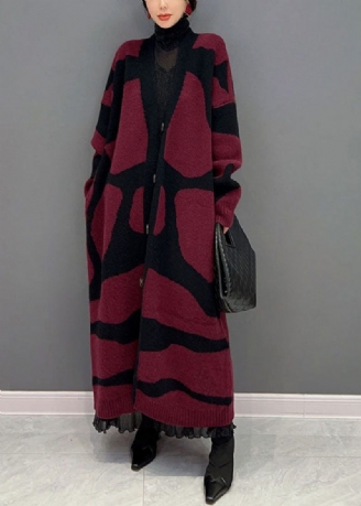 Fransk Rød Oversized Print Strikk Lang Cardigan Winter