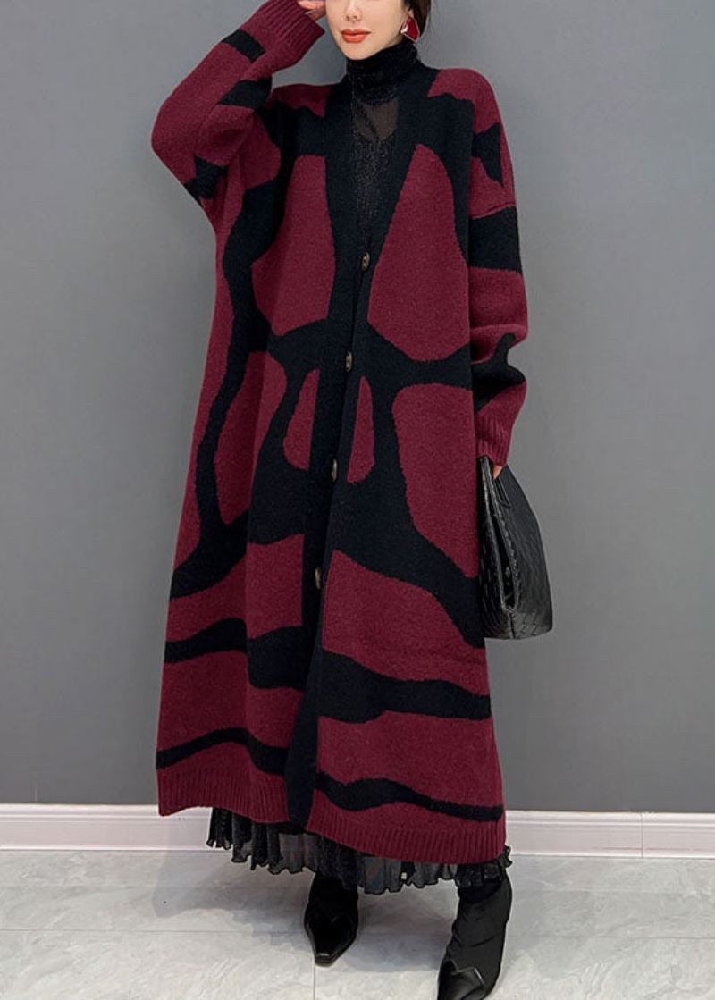 Fransk Rød Oversized Print Strikk Lang Cardigan Winter - Cardigans for kvinner