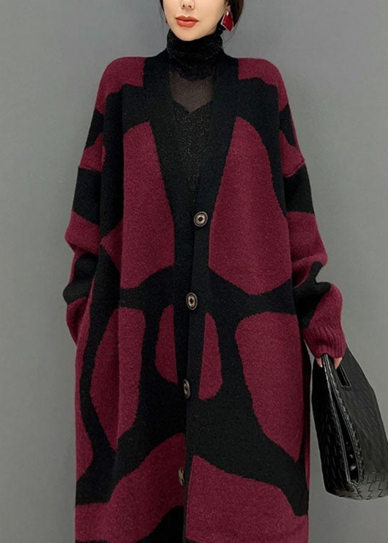 Fransk Rød Oversized Print Strikk Lang Cardigan Winter - Cardigans for kvinner