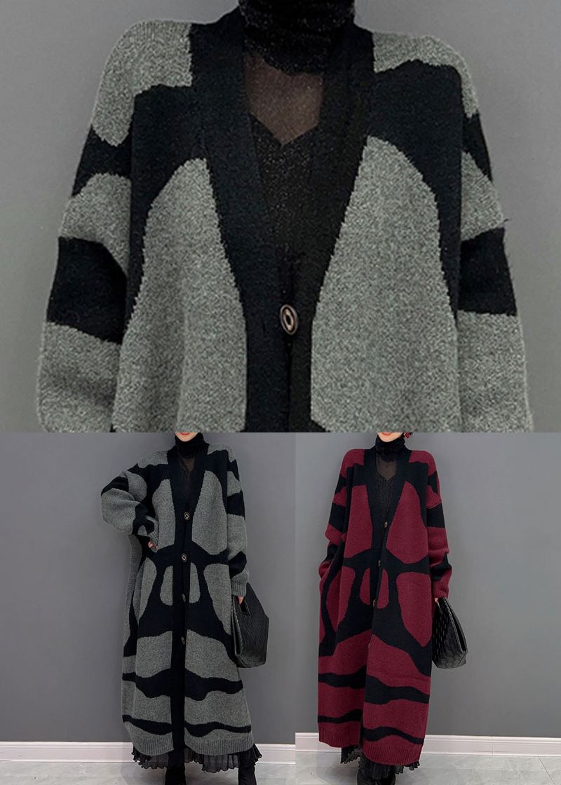 Fransk Rød Oversized Print Strikk Lang Cardigan Winter - Cardigans for kvinner