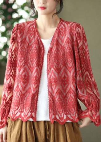 Fransk Rød V-hals Patchwork Blonde Cardigans Vår