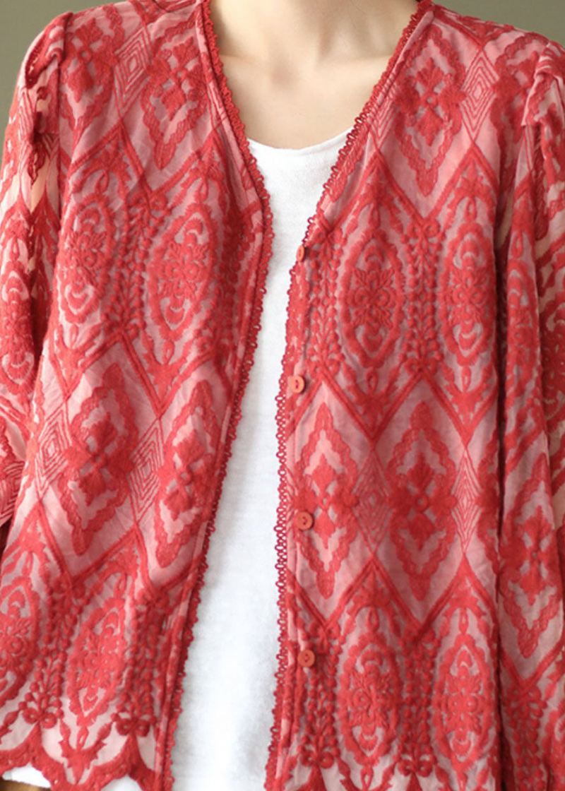 Fransk Rød V-hals Patchwork Blonde Cardigans Vår - Cardigans for kvinner