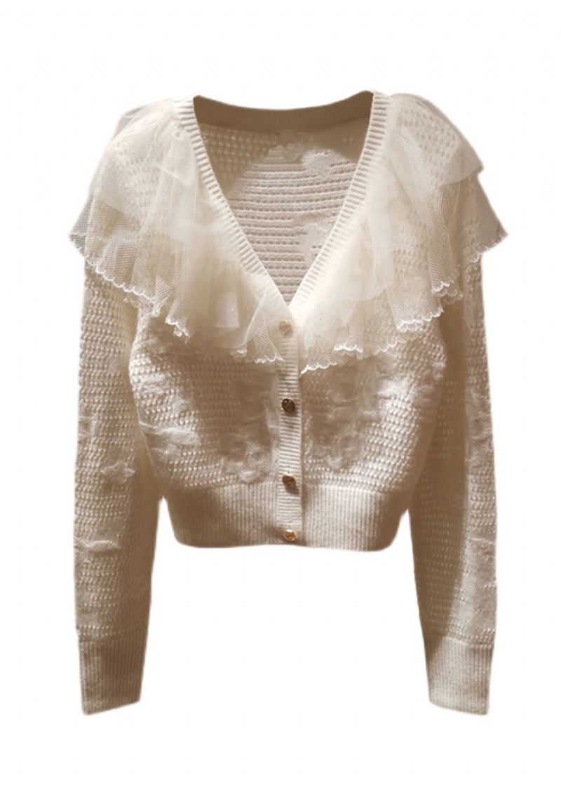 Fransk Søt Beige Tyll Ruffled Patchwork Strikkede Cardigans Vår - Cardigans for kvinner