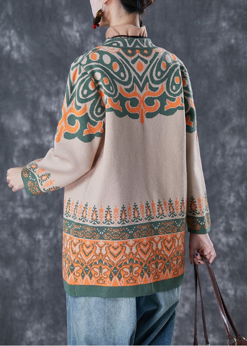 French Light Camel Oversized Print Cotton Cardigan Fall - Cardigans for kvinner