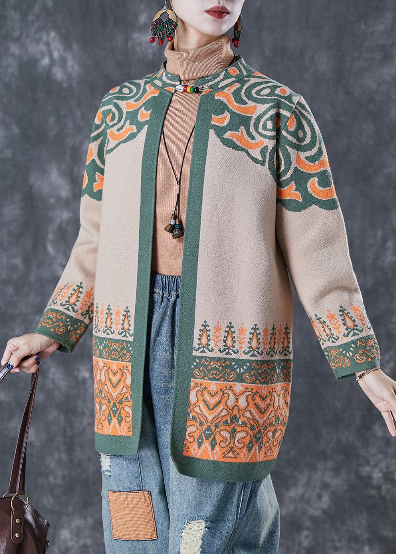 French Light Camel Oversized Print Cotton Cardigan Fall - Cardigans for kvinner