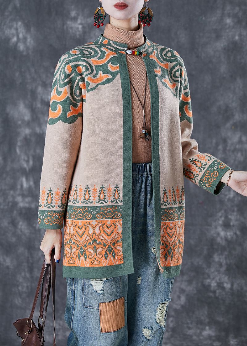 French Light Camel Oversized Print Cotton Cardigan Fall - Cardigans for kvinner