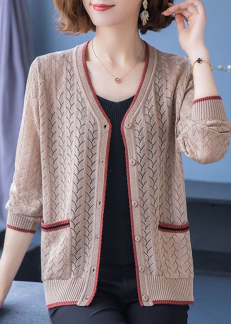 French Light Camel V-halslommer Hollow Out Patchwork Tynnstrikket Cardigan Fall