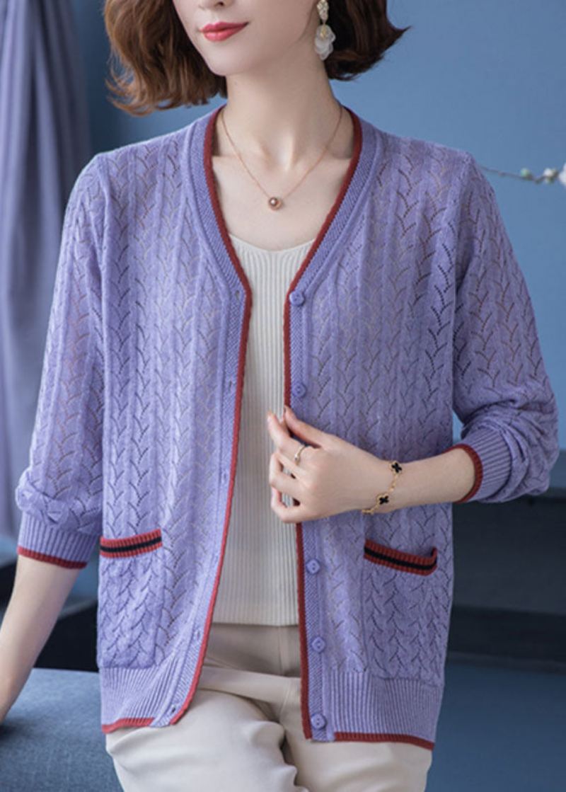 French Light Camel V-halslommer Hollow Out Patchwork Tynnstrikket Cardigan Fall - Cardigans for kvinner