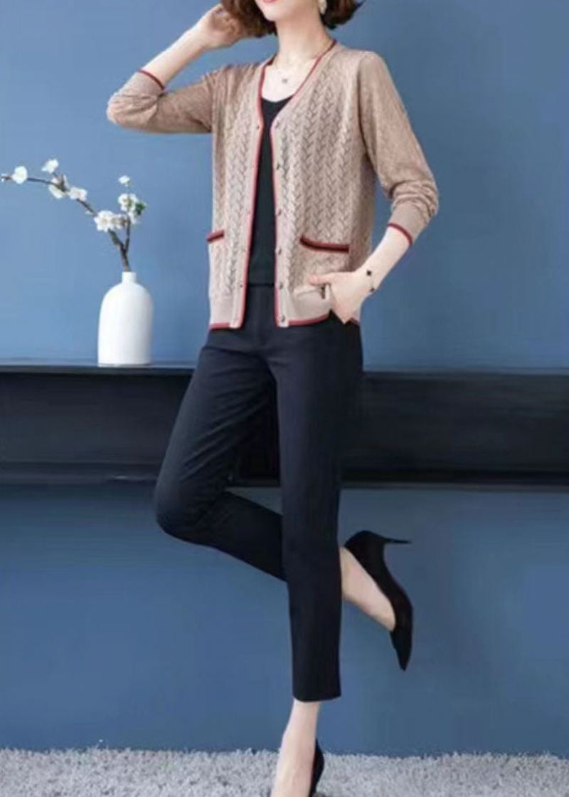 French Light Camel V-halslommer Hollow Out Patchwork Tynnstrikket Cardigan Fall - Cardigans for kvinner