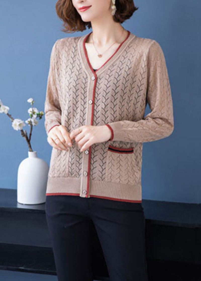 French Light Camel V-halslommer Hollow Out Patchwork Tynnstrikket Cardigan Fall - Cardigans for kvinner